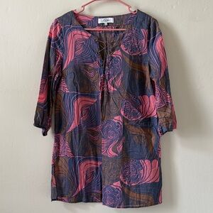Tibi Women's Pink, Brown and blue Aztec Tunic cotton size small